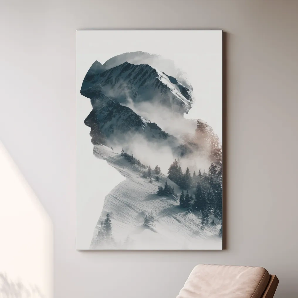 Surreal Double Exposure Skier & Mountain Portrait - Moody Misty Alpine Forest Wall Art