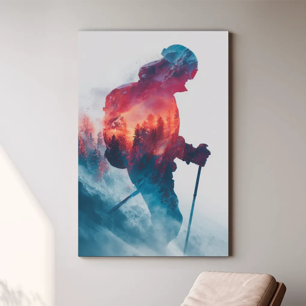 Double Exposure Skiier Silhouette Forest Sunset - Adventure Mountain Landscape Artwork