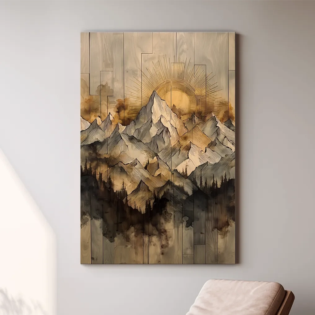 Sunrise Alpine Mountain Range Illustration - Rustic Watercolor Landscape Wall Art