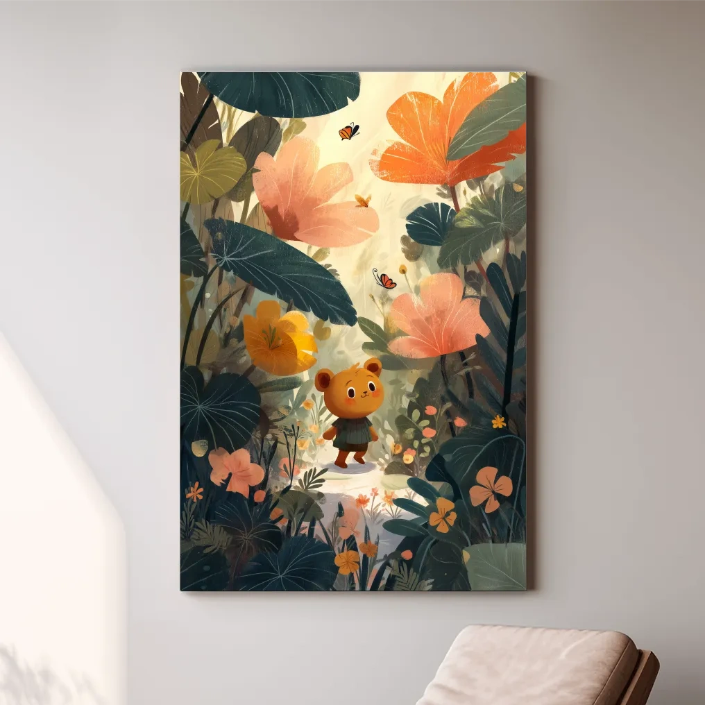 Cute bear in lush forest, whimsical children's wall art