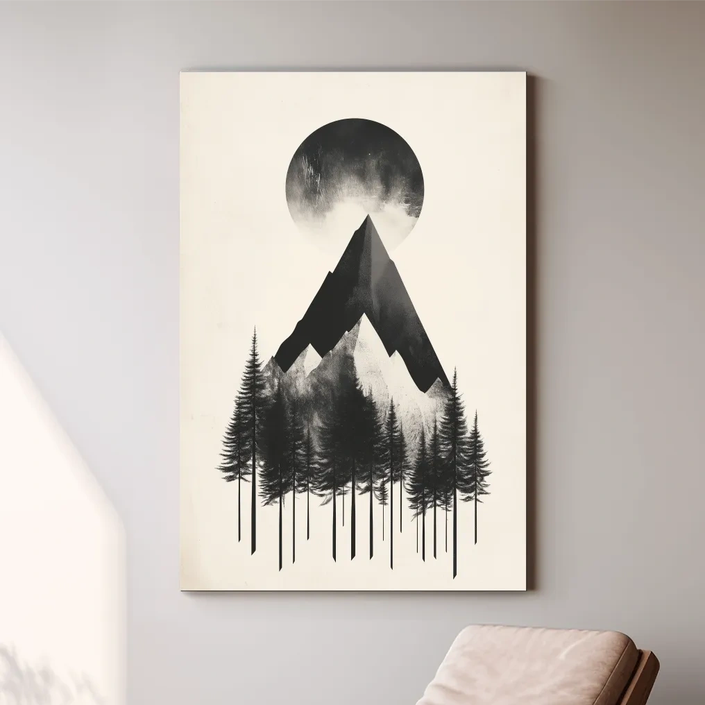 Minimalist Monochrome Mountain Peak & Pine Forest - Modern Scandinavian Style Wall Art