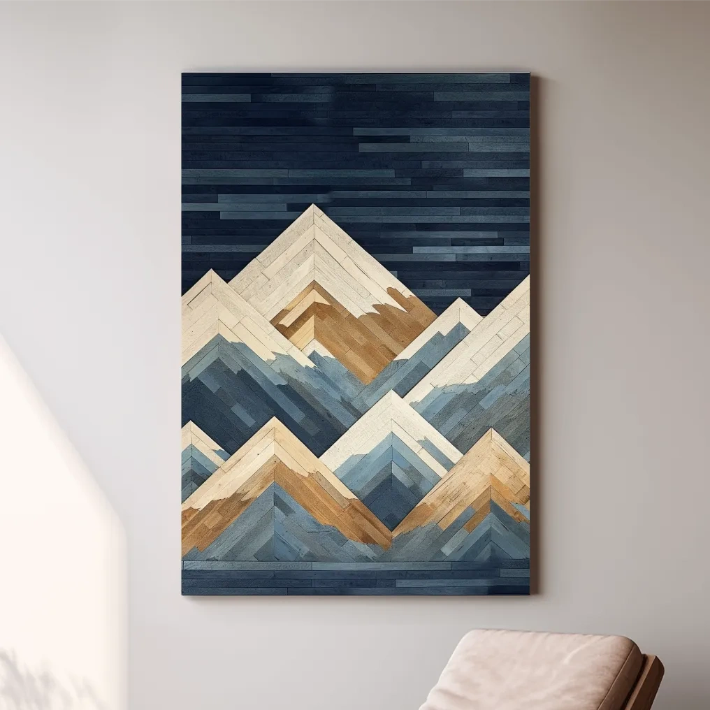 Geometric Layered Mountain Peaks - Wood Texture Landscape Wall Art