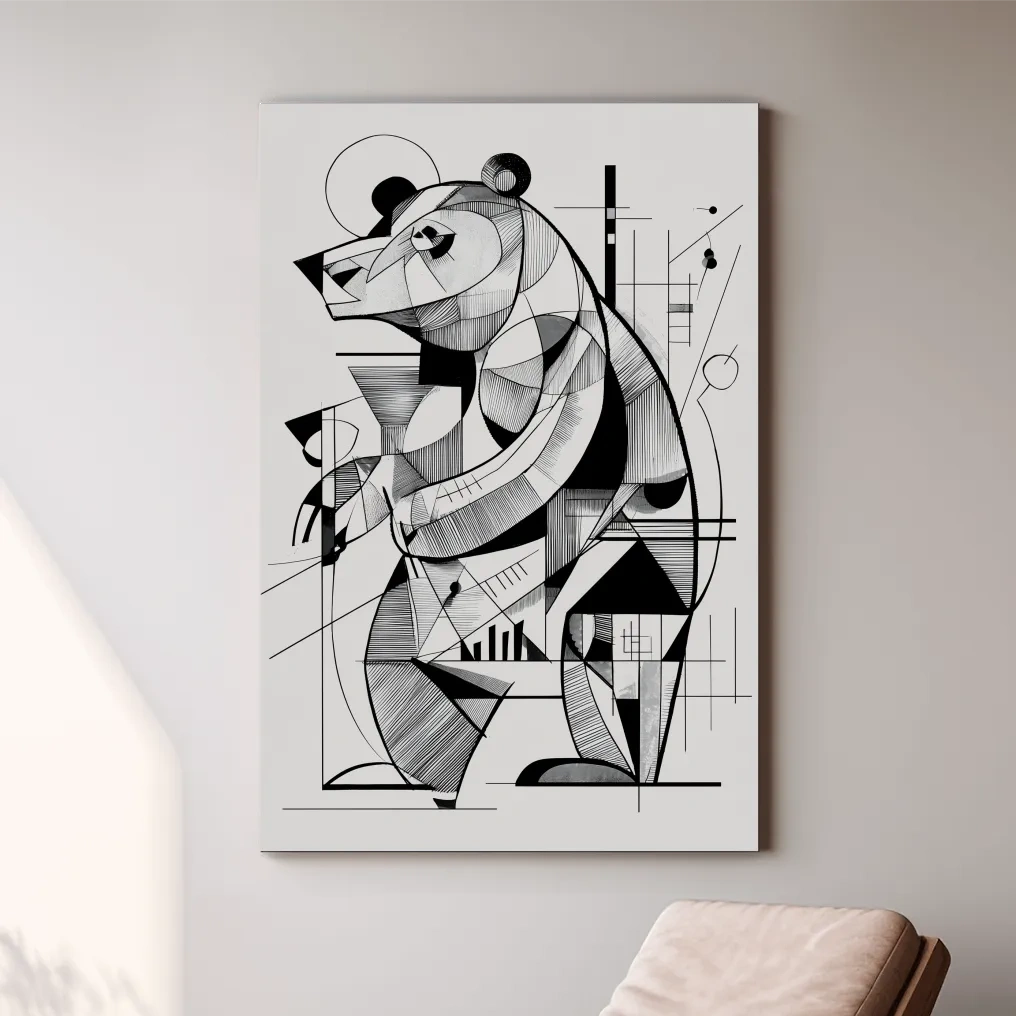 Cubism Abstract Bear Artwork - Modern Black And White Wildlife Wall Art