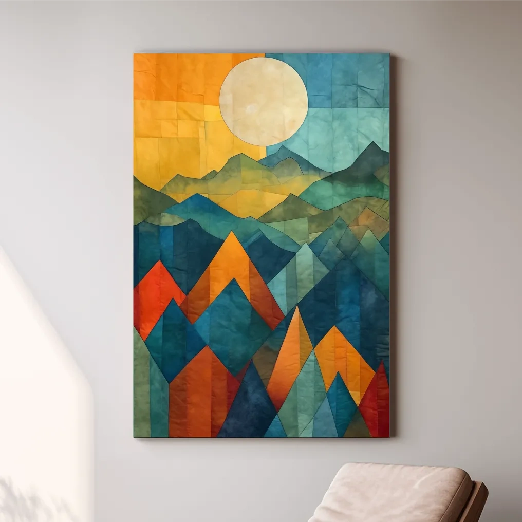 Geometric Patchwork Sunlit Mountain Range Painting - Colorful Abstract Alpine Wall Art