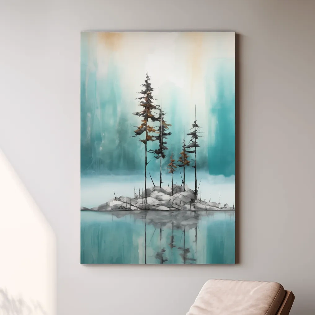 Misty Pine Trees Reflection - Watercolor Turquoise Alpine Lake Wall Art