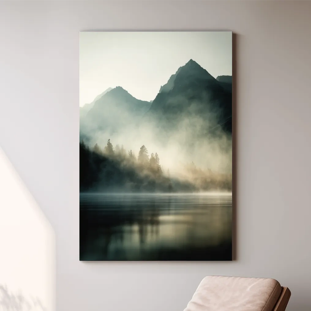 Moody Misty Mountain Lake Landscape - Serene Foggy Pine Forest Wall Art