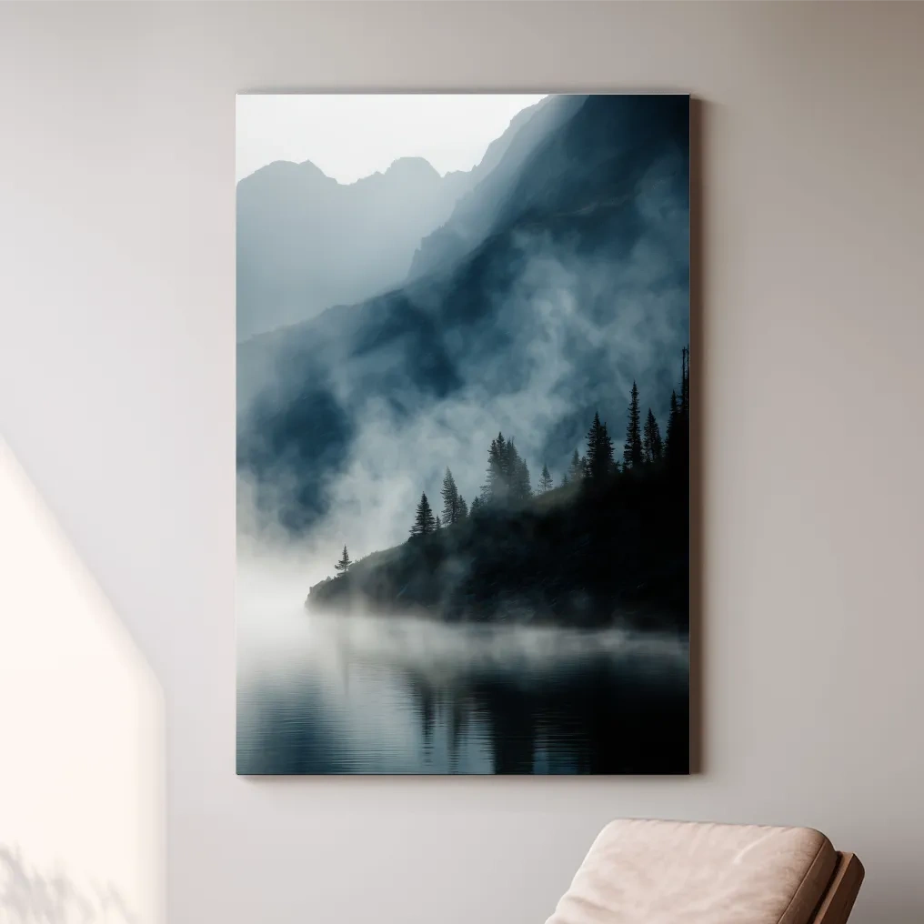 Misty Alpine Lake Landscape Photography - Foggy Pine Forest Nature Wall Art