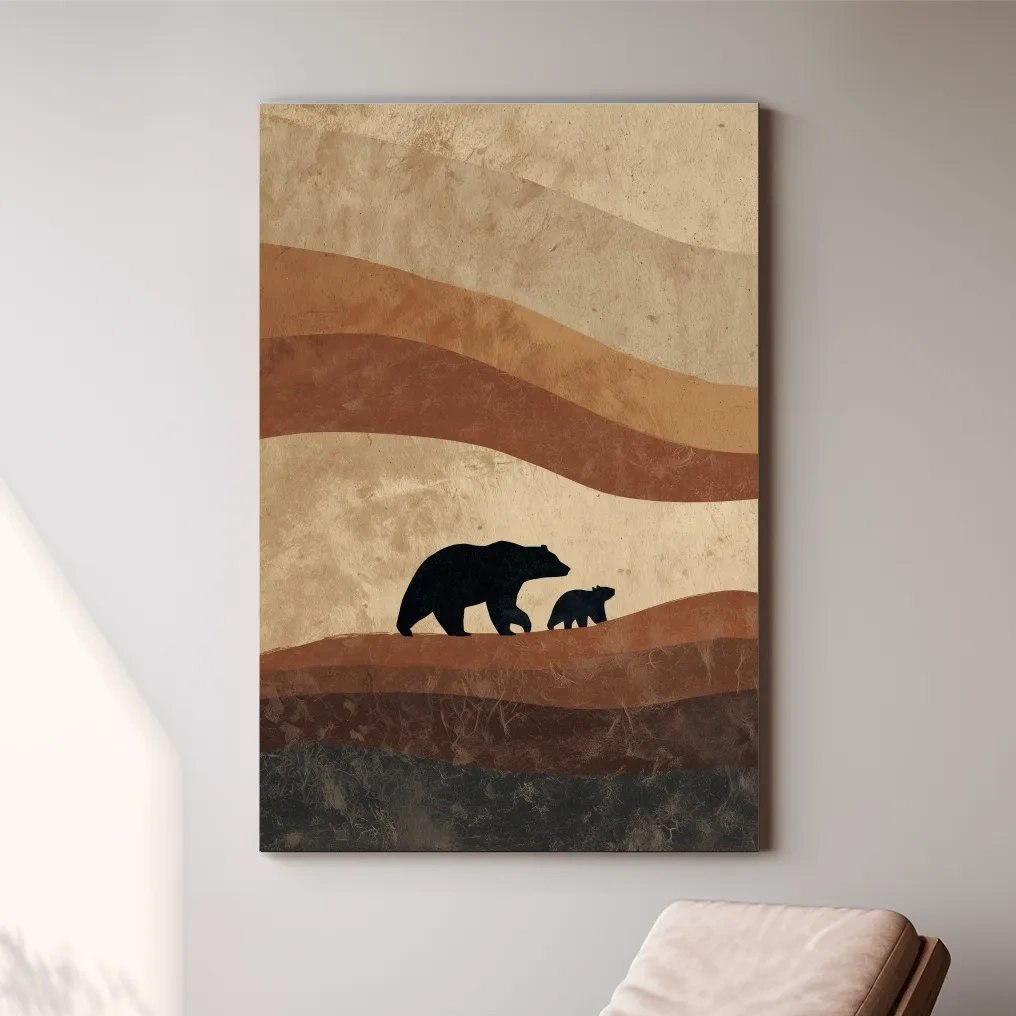 Scandi Bear Family Silhouette Artwork - Earthy Abstract Wildlife Wall Art