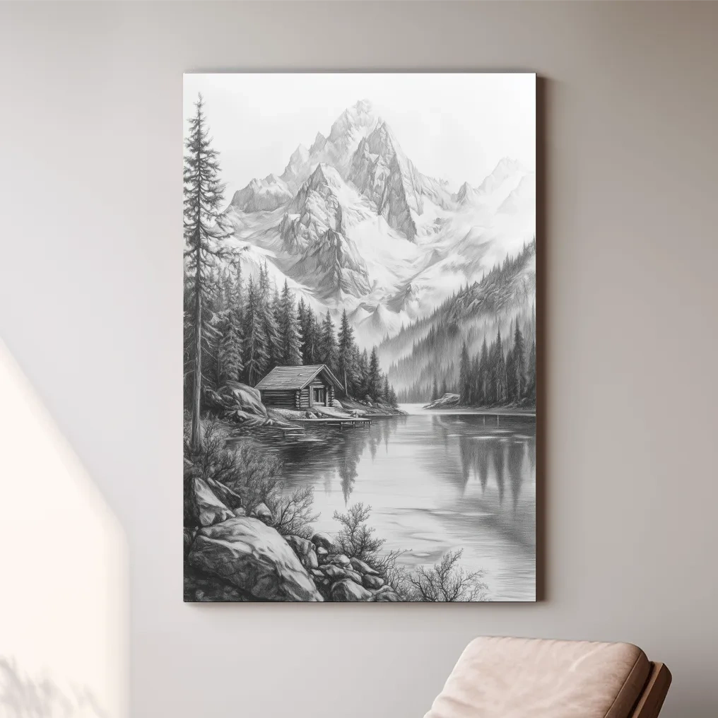 Monochrome Alpine Lake Cabin Sketch Art - Mountain Drawing Wall Art