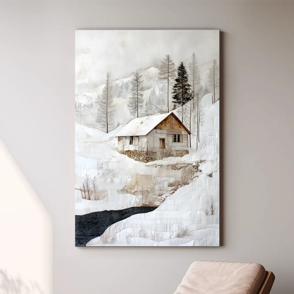 Snowy Mountain Cabin Textured Painting - Winter Landscape Wall Art
