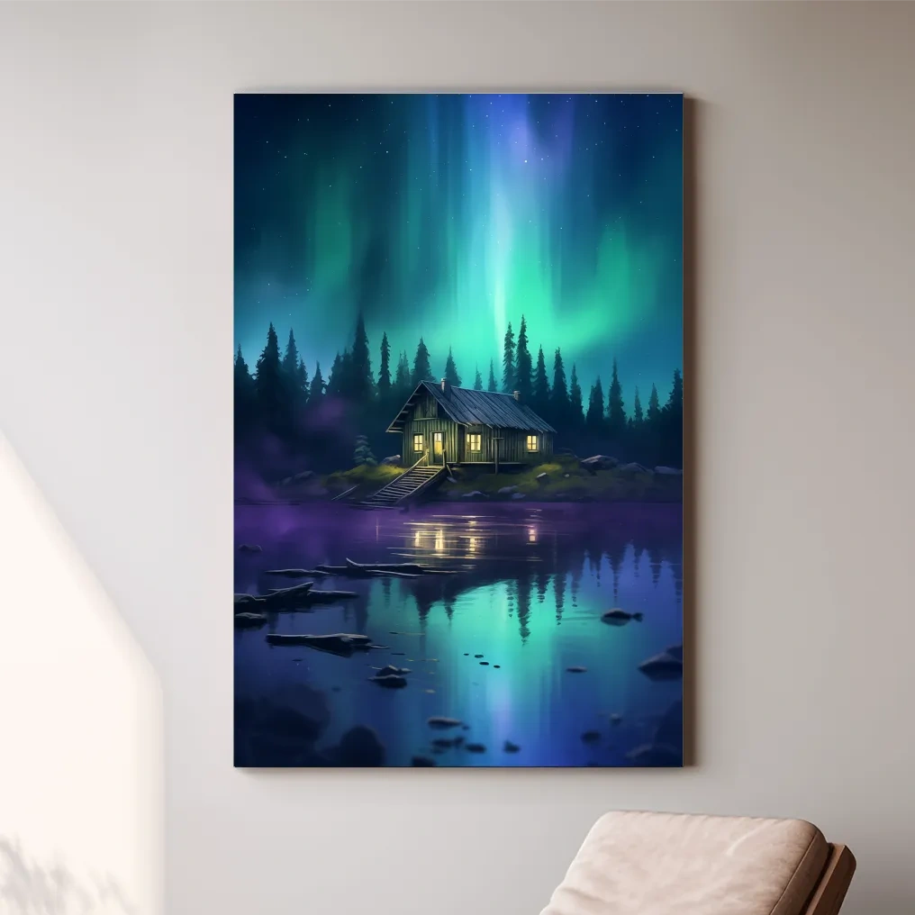 Vibrant Northern Lights Cabin Lake Painting - Aurora Borealis Night Wall Art