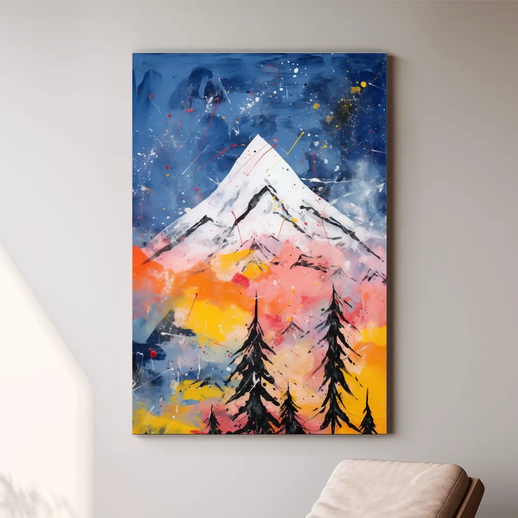 Vibrant Abstract Mountain Peak Sunset Painting - Colorful Acrylic Splash Forest Wall Art