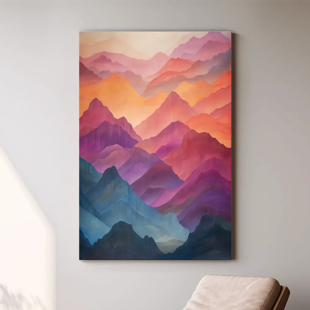 Vibrant Watercolor Layered Mountains - Abstract Sunset Landscape Wall Art