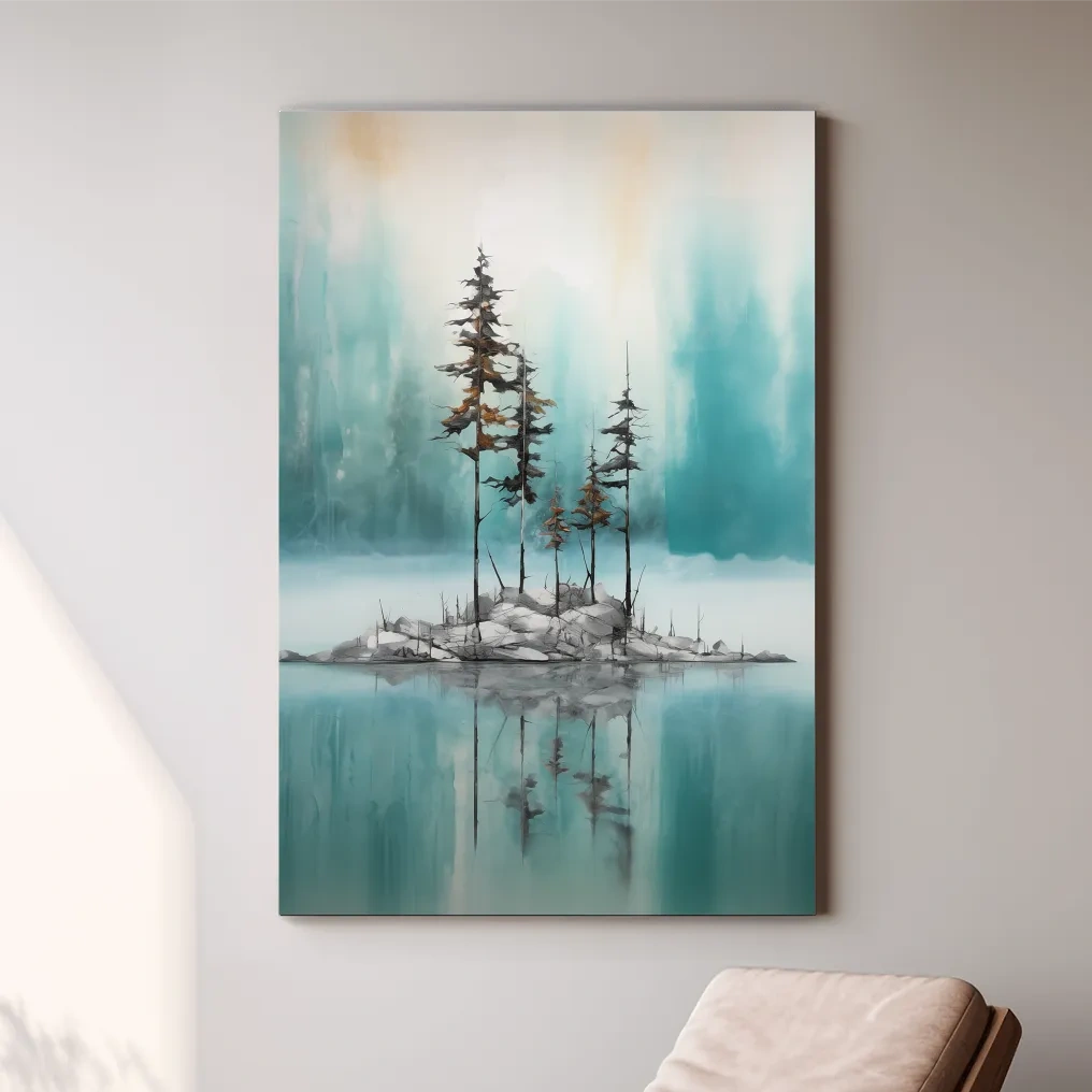 Misty Pine Trees Reflection - Watercolor Turquoise Alpine Lake Wall Art
