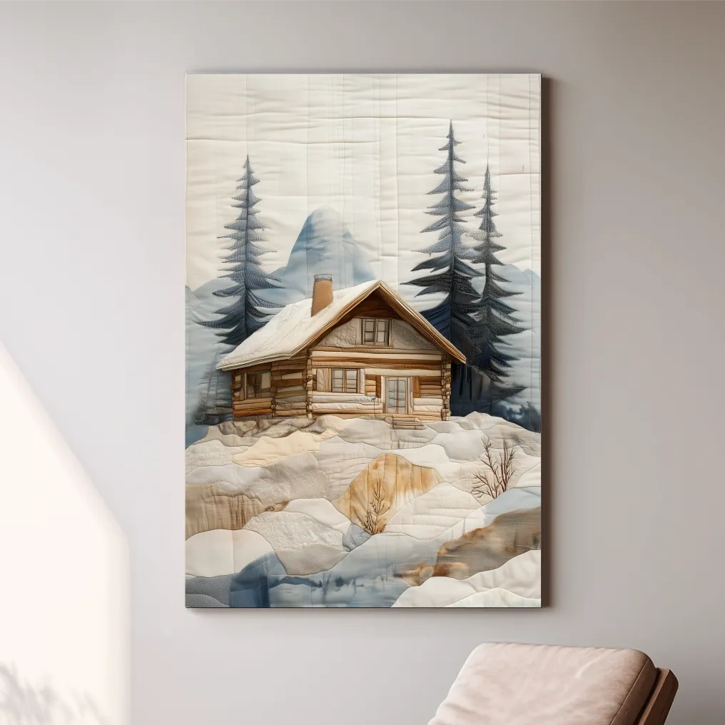 Rustic Winter Cabin In Snowy Pines - Textured Patchwork Fabric Effect Wall Art