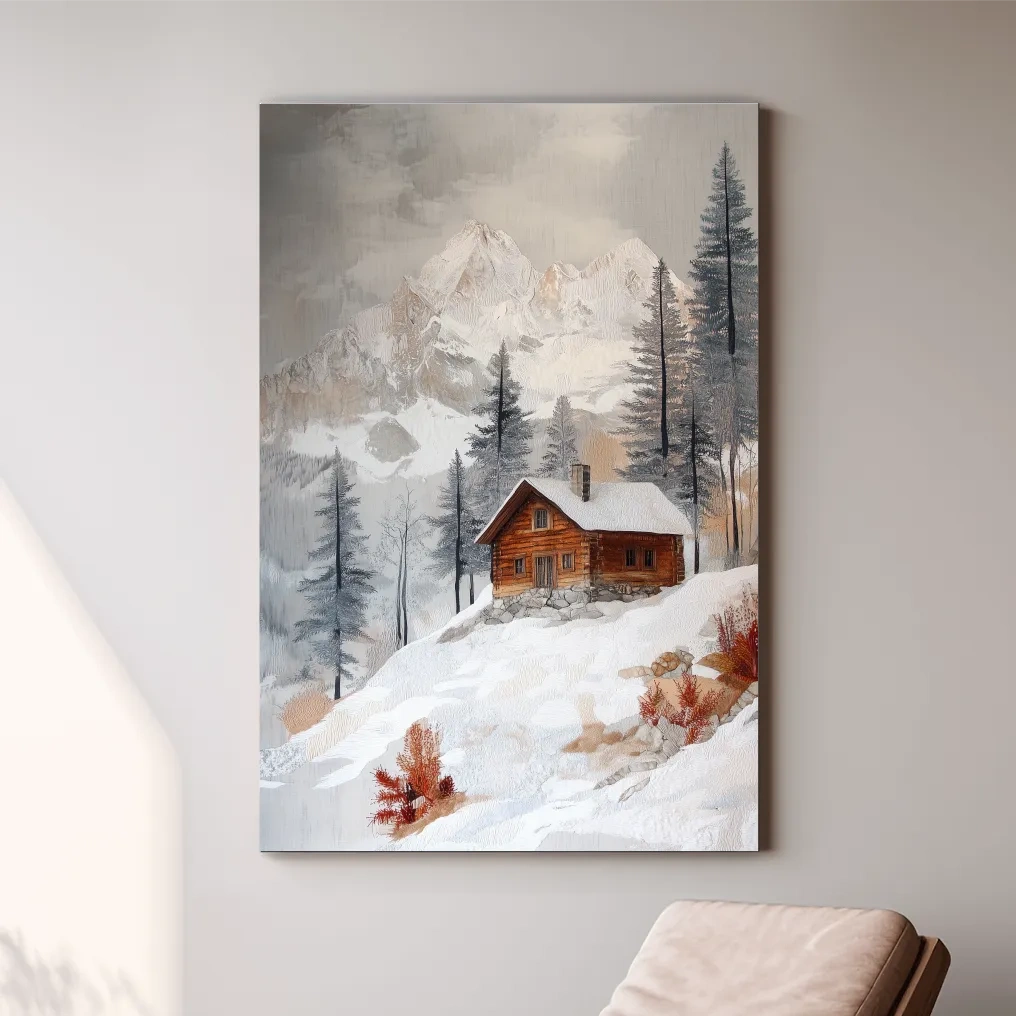 Snowy Mountain Cabin Landscape Painting - Rustic Winter Wilderness Wall Art