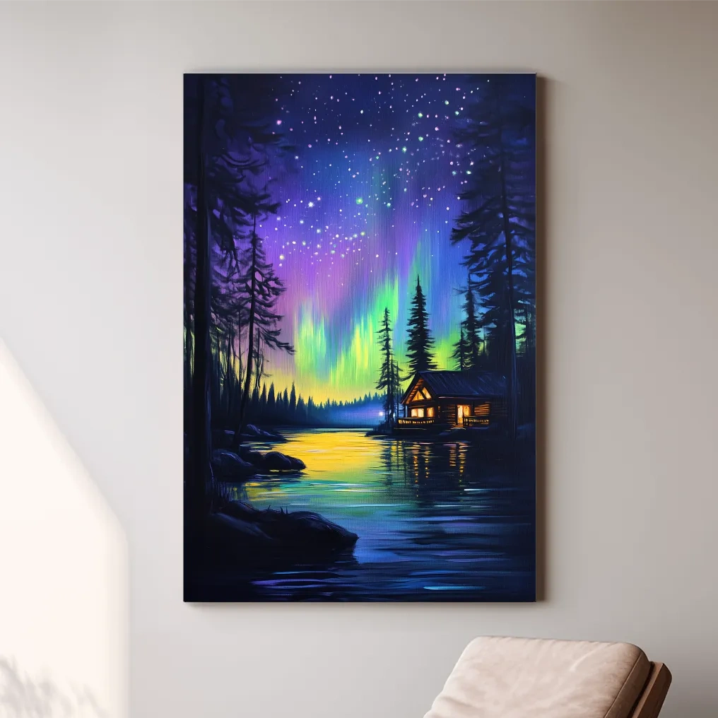 Vibrant Northern Lights Lakeside Cabin Painting - Aurora Borealis Night Landscape Wall Art