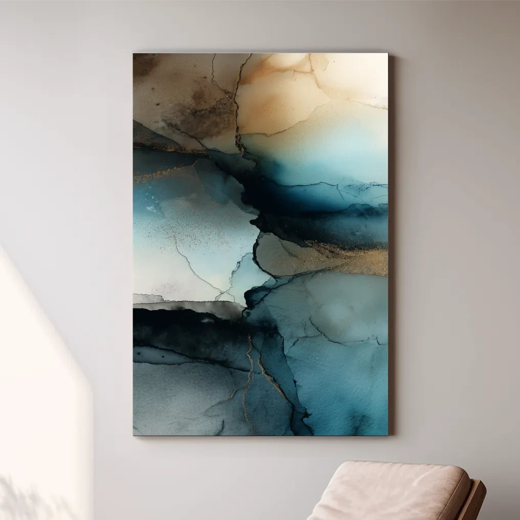 Moody Teal Ink Wash Abstract - Alcohol Ink Style Mountain Wall Art