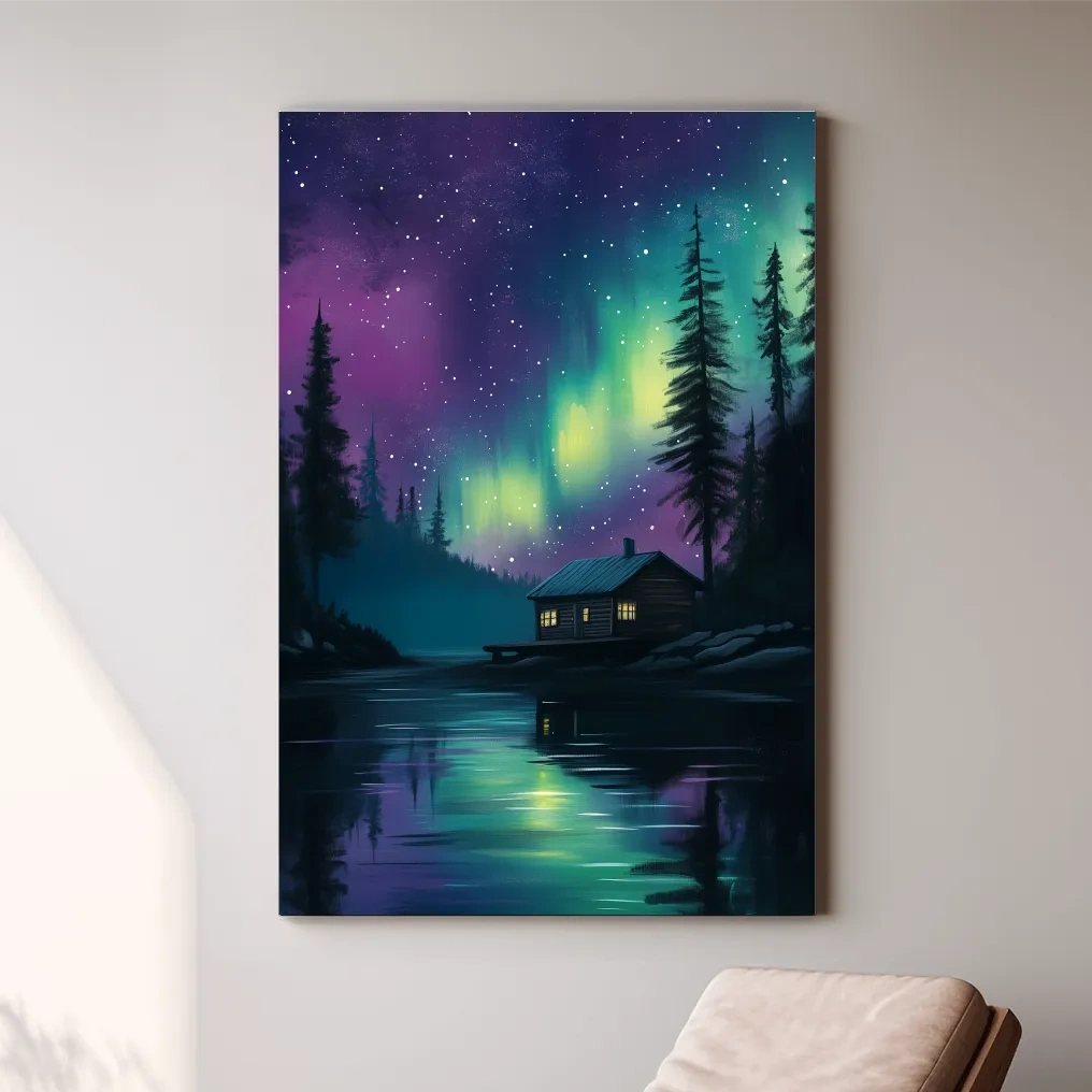Aurora Borealis Lake Cabin Painting - Northern Lights Wall Art