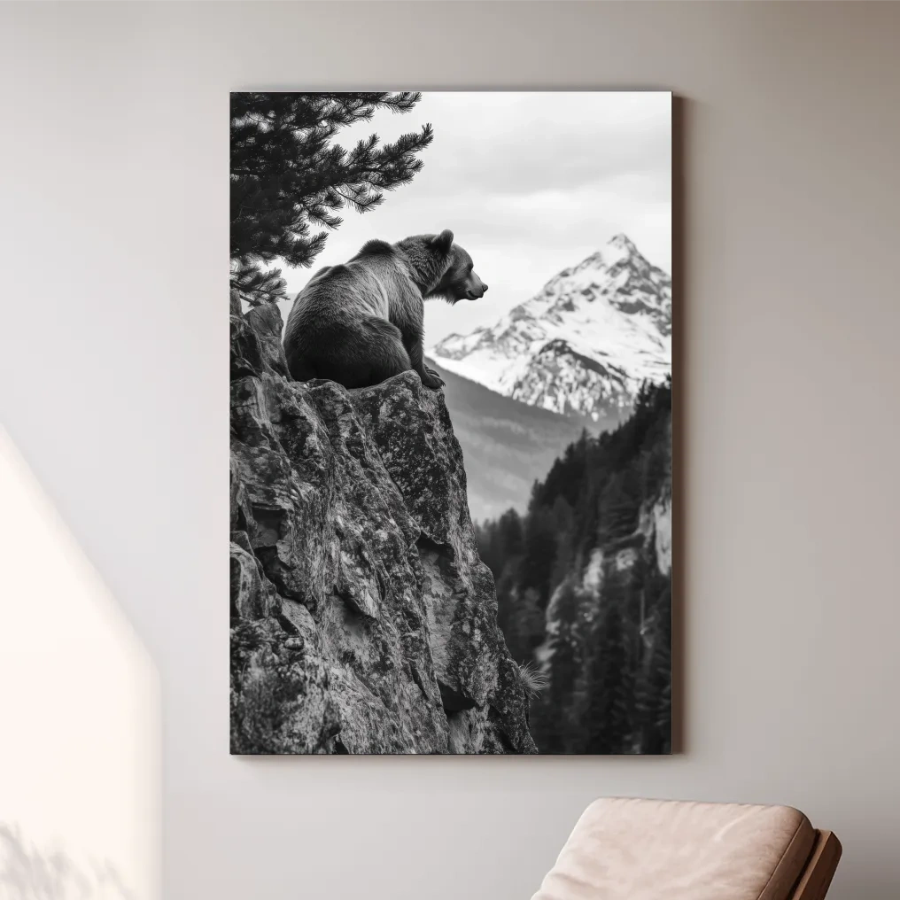 Black And White Grizzly Bear Photographic Artwork - Alpine Wildlife Wall Art
