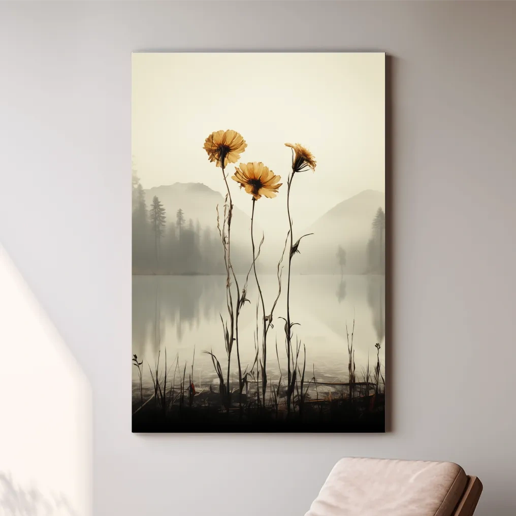 Wildflower Misty Lake Landscape - Minimalist Botanical Wall Art