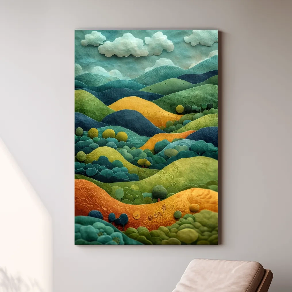 3D Layered Paper Cut Style Mountain Artwork - Whimsical Surreal Landscape Wall Art