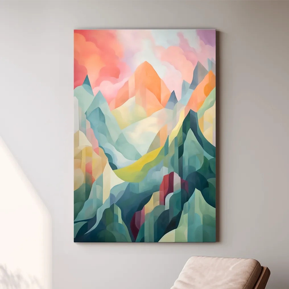 Vibrant Abstract Pastel Mountain Sunset - Geometric Watercolor Style Wall Art