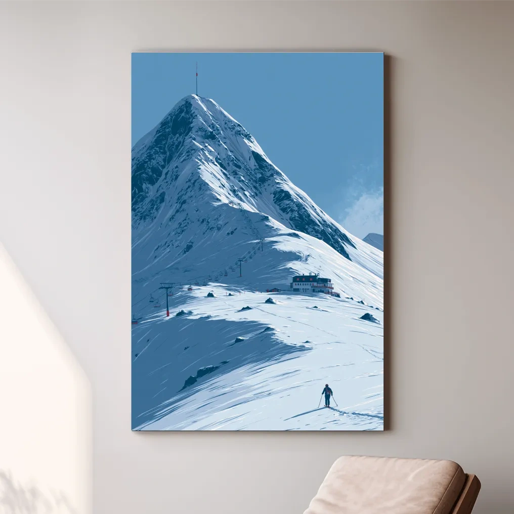 Alpine Mountain Skier Artwork - Minimalist Winter Landscape Wall Art