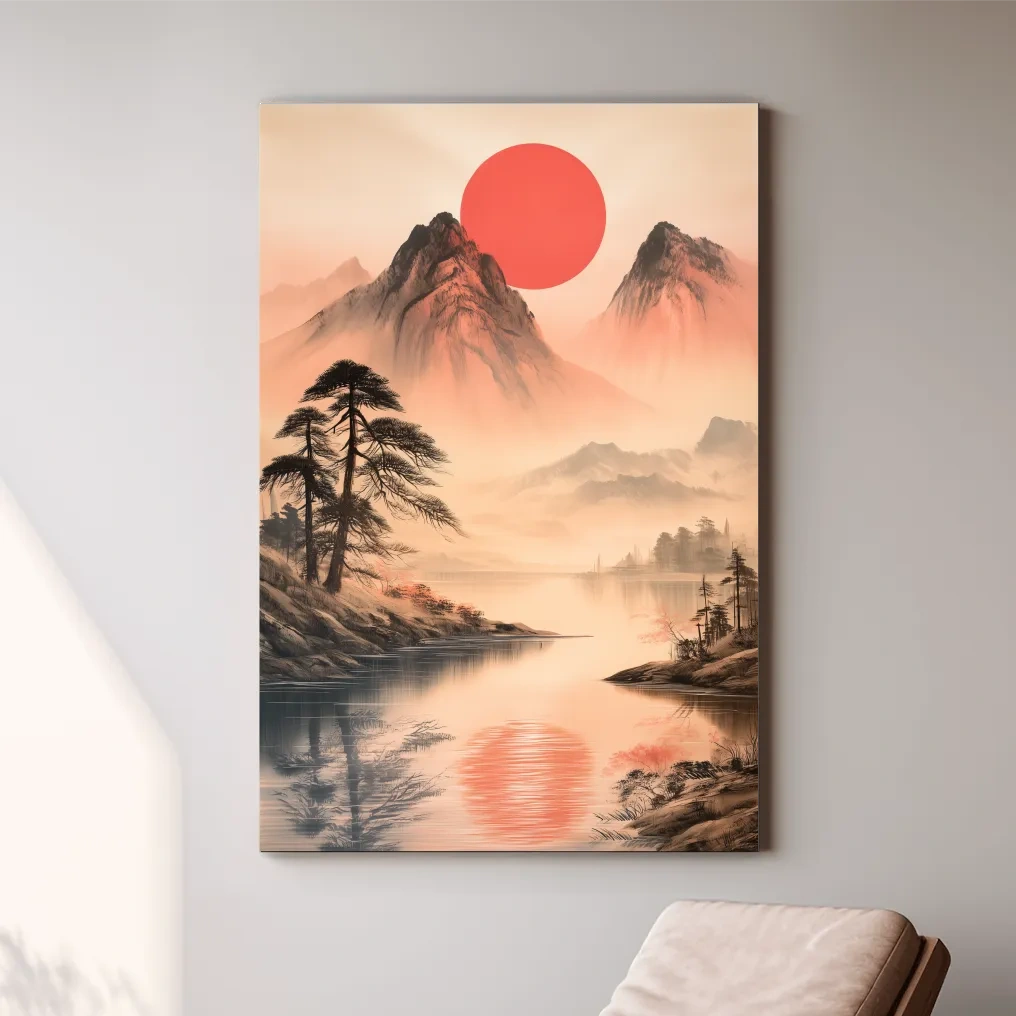 Zen Misty Mountain Lake Sunrise - Japanese Ink Wash Wall Art