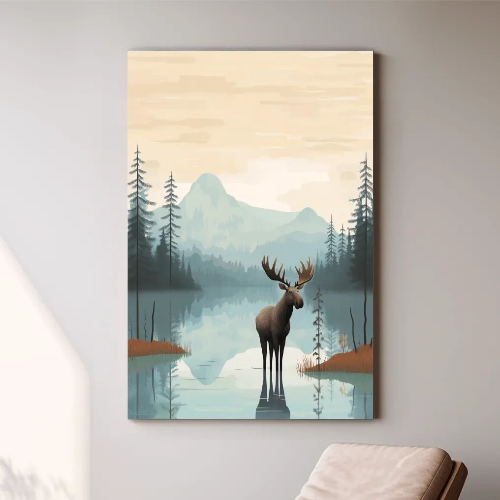 Moose Mountain Lake Illustration - Nursery Forest Mountain Wall Art