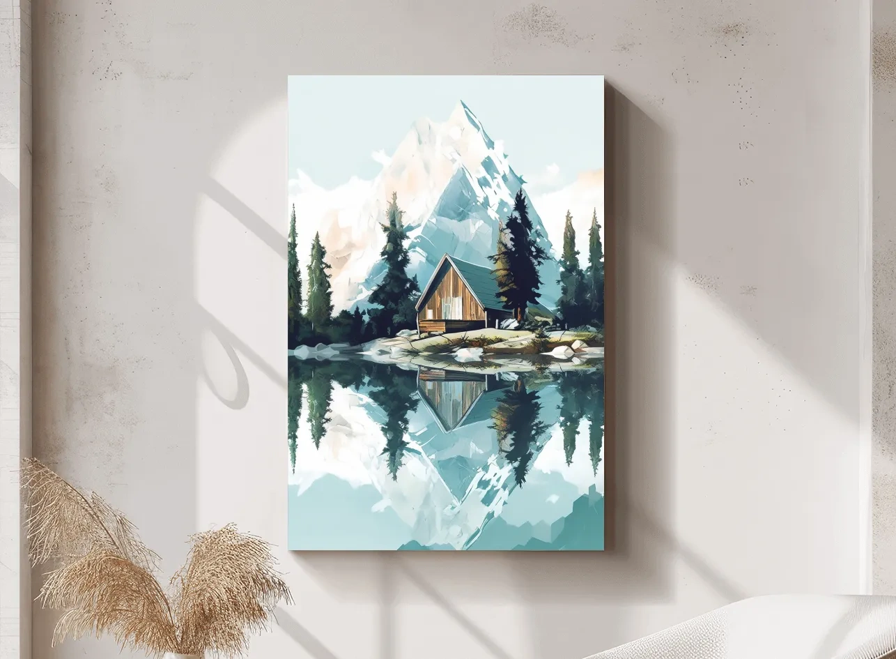 Serene Alpine Cabin Lake Painting - Mountain Landscape Wall Art