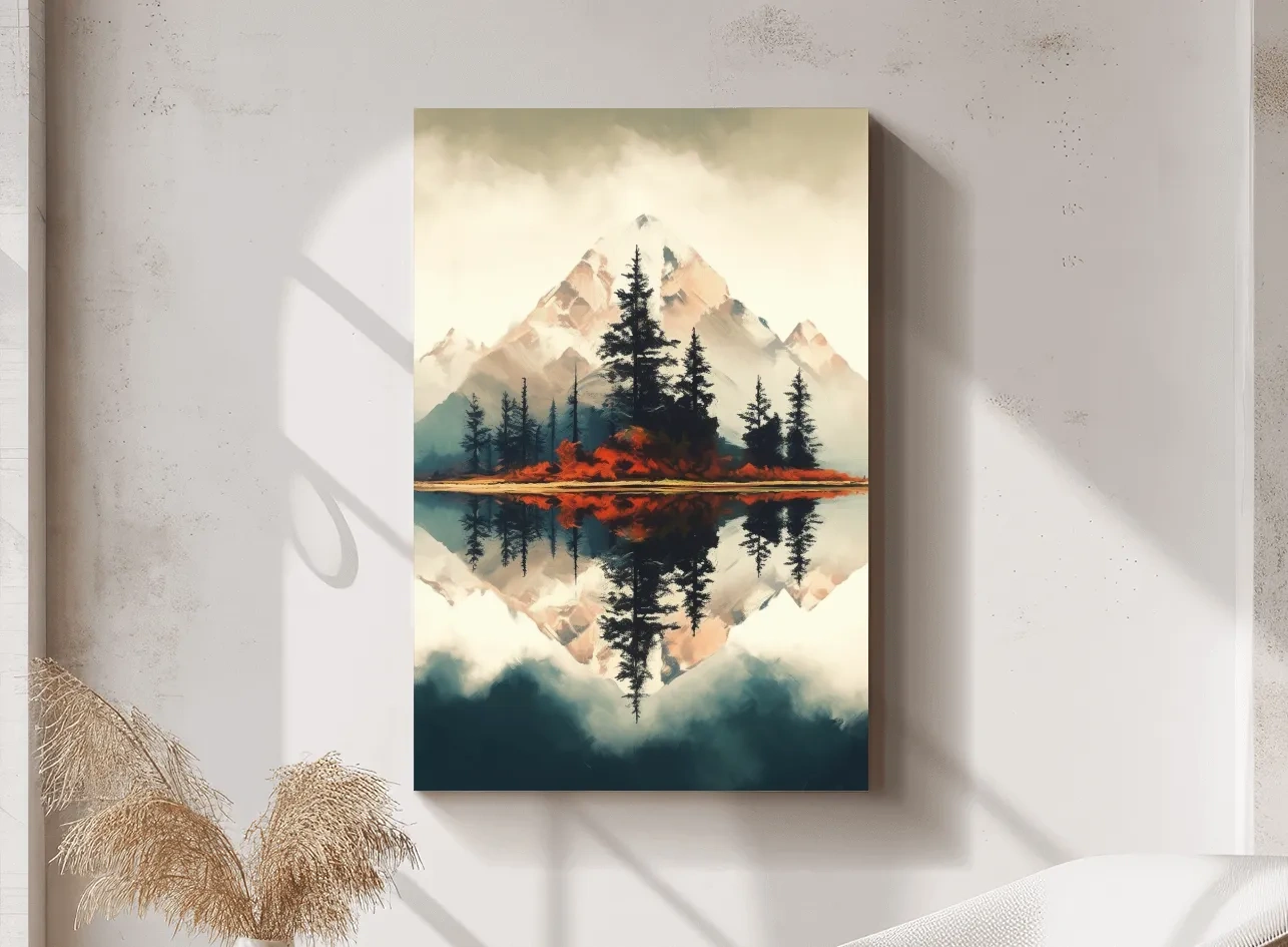 Minimal Mountain Lake Reflection With Pine Forest - Watercolor Landscape Wall Art