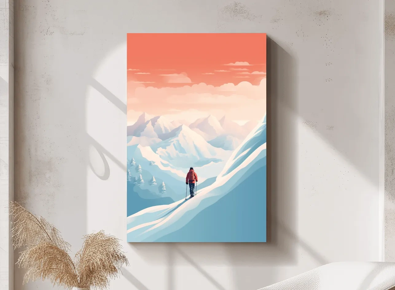 Backcountry Skier In Alpine Sunset - Minimalist Winter Mountains Wall Art