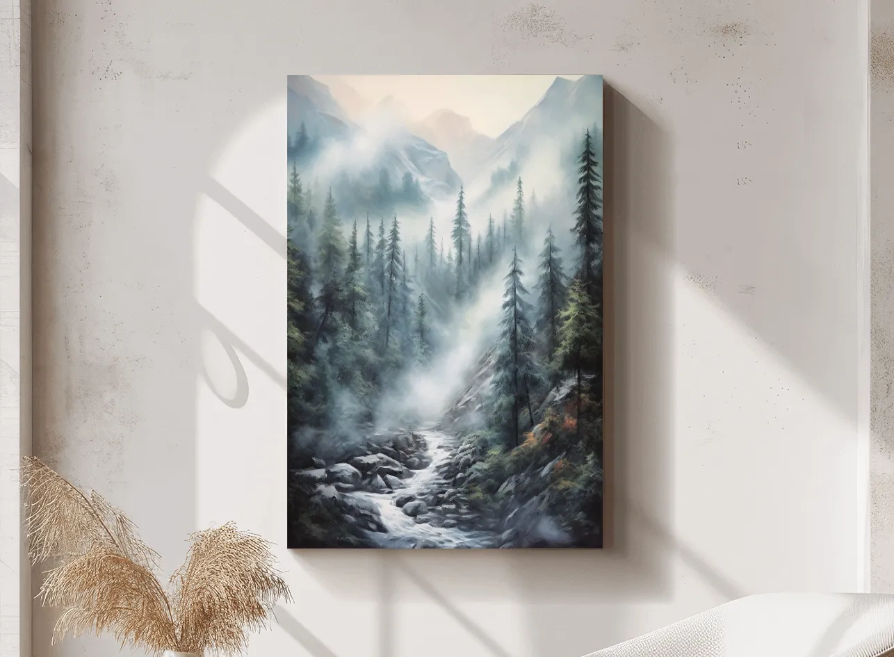 Painting of a foggy forest mountain and river scene