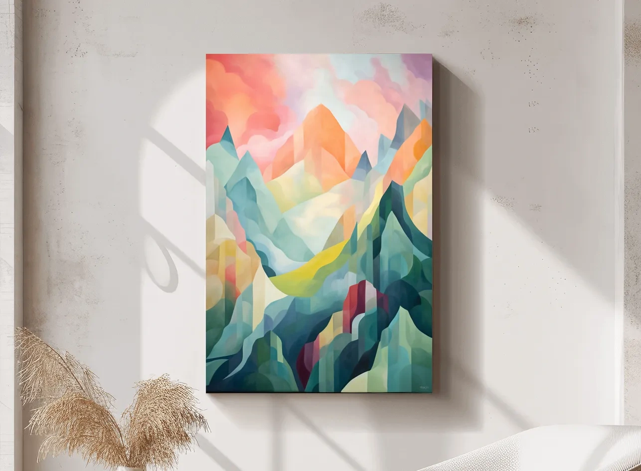 Vibrant Abstract Pastel Mountain Sunset - Geometric Watercolor Style Wall Art