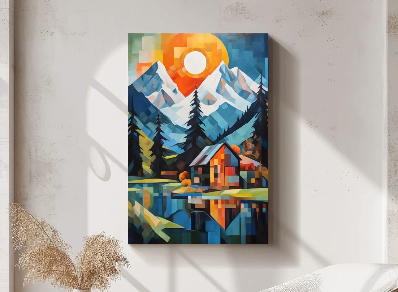Abstract impressionist painting of a cabin by a lake and mountain at sunset