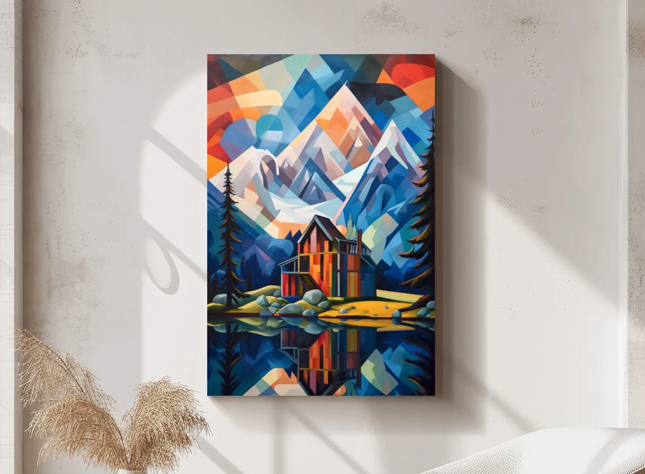 Vibrant Geometric Mountain Lake Cabin Painting - Abstract Alpine Wall Art
