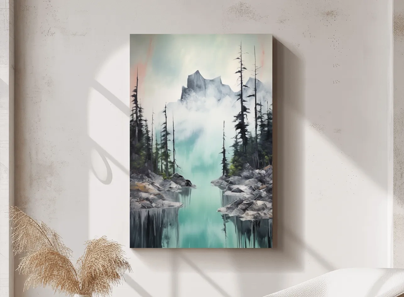 Misty Turquoise Alpine Lake Reflection - Watercolor Mountain Forest Wall Art