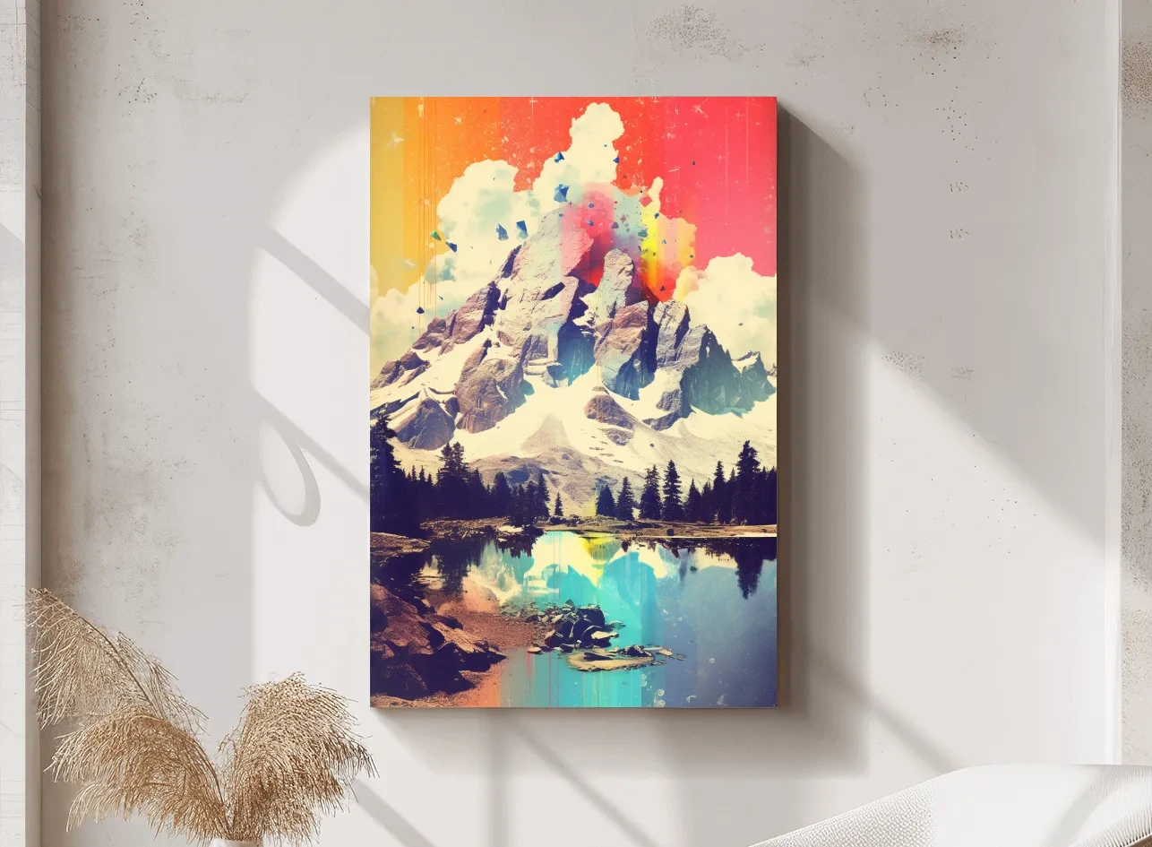 Vibrant Abstract Mountain Lake Painting - Colorful Alpine Landscape Wall Art