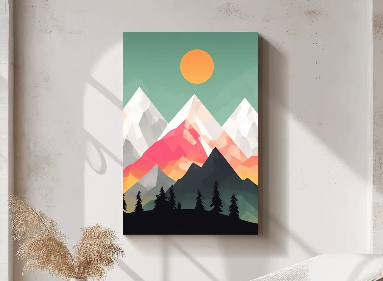 Geometric Sunset Mountain Peaks With Pine Silhouettes - Modern Colourful 2D Wall Art