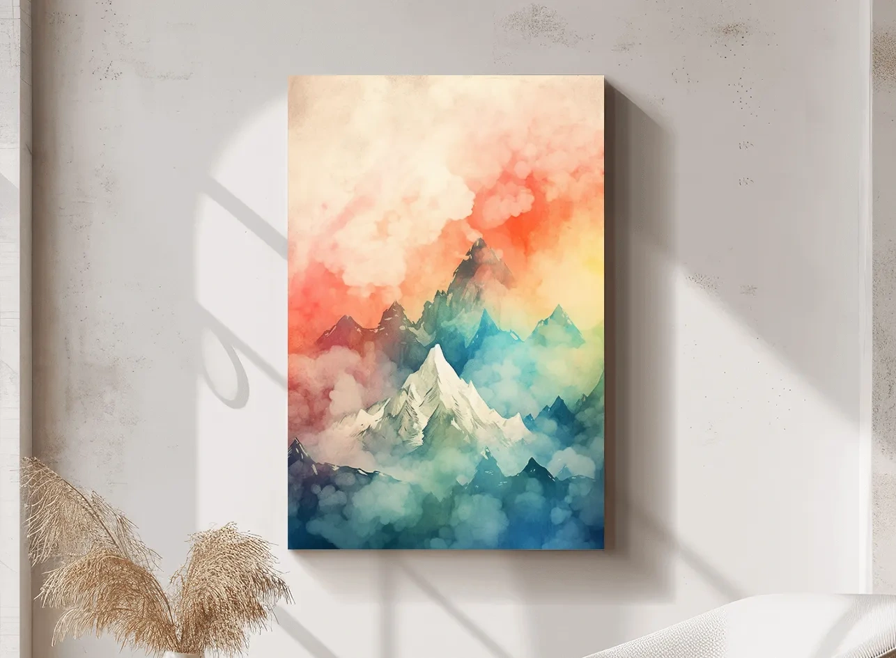 Colourful watercolour painting of a mountain landscape