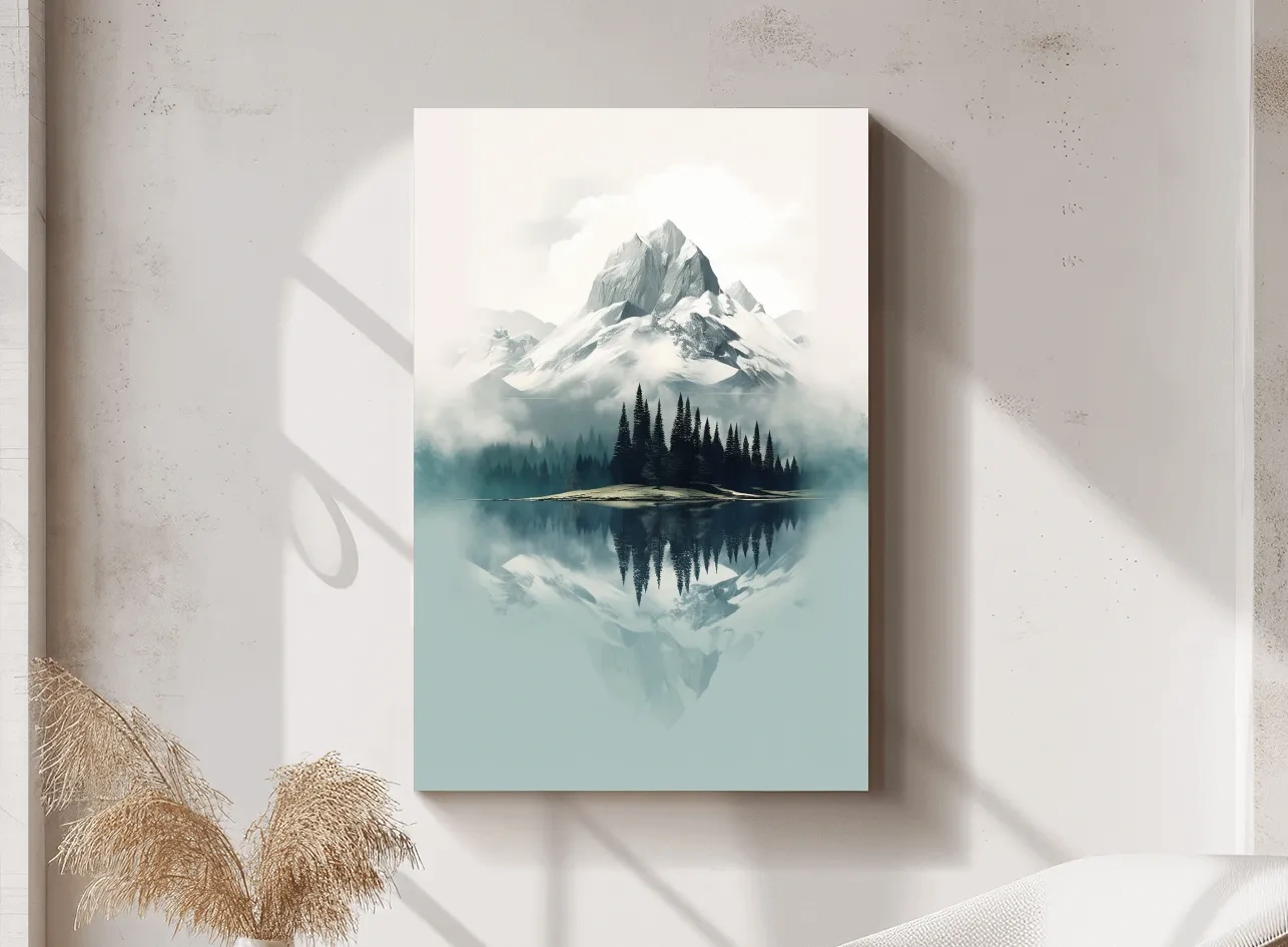 Misty Alpine Mountain Lake Reflection - Minimalist Watercolor Landscape Wall Art