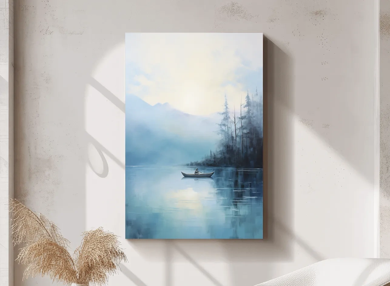 Misty Turquoise Mountain Lake Canoe Painting - Serene Forest Landscape Wall Art