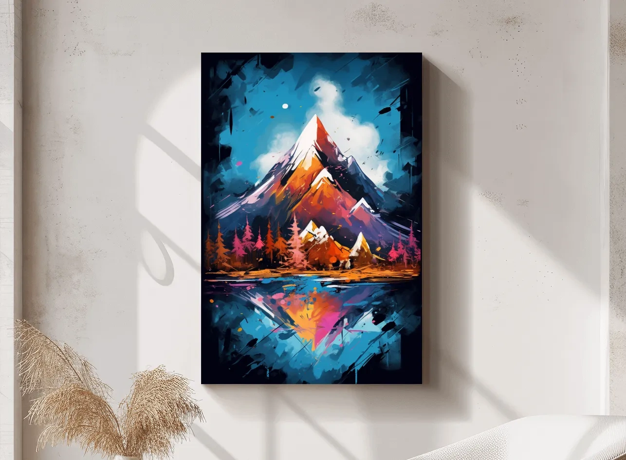 Vibrant Abstract Alpine Lake Painting - Colorful Mountain Forest Wall Art
