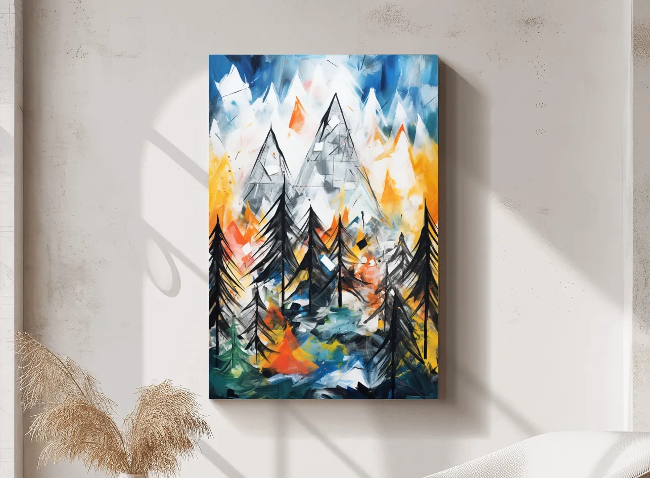 Abstract Alpine Mountain Peaks Painting - Colorful Energetic Pine Forest Landscape Wall Art