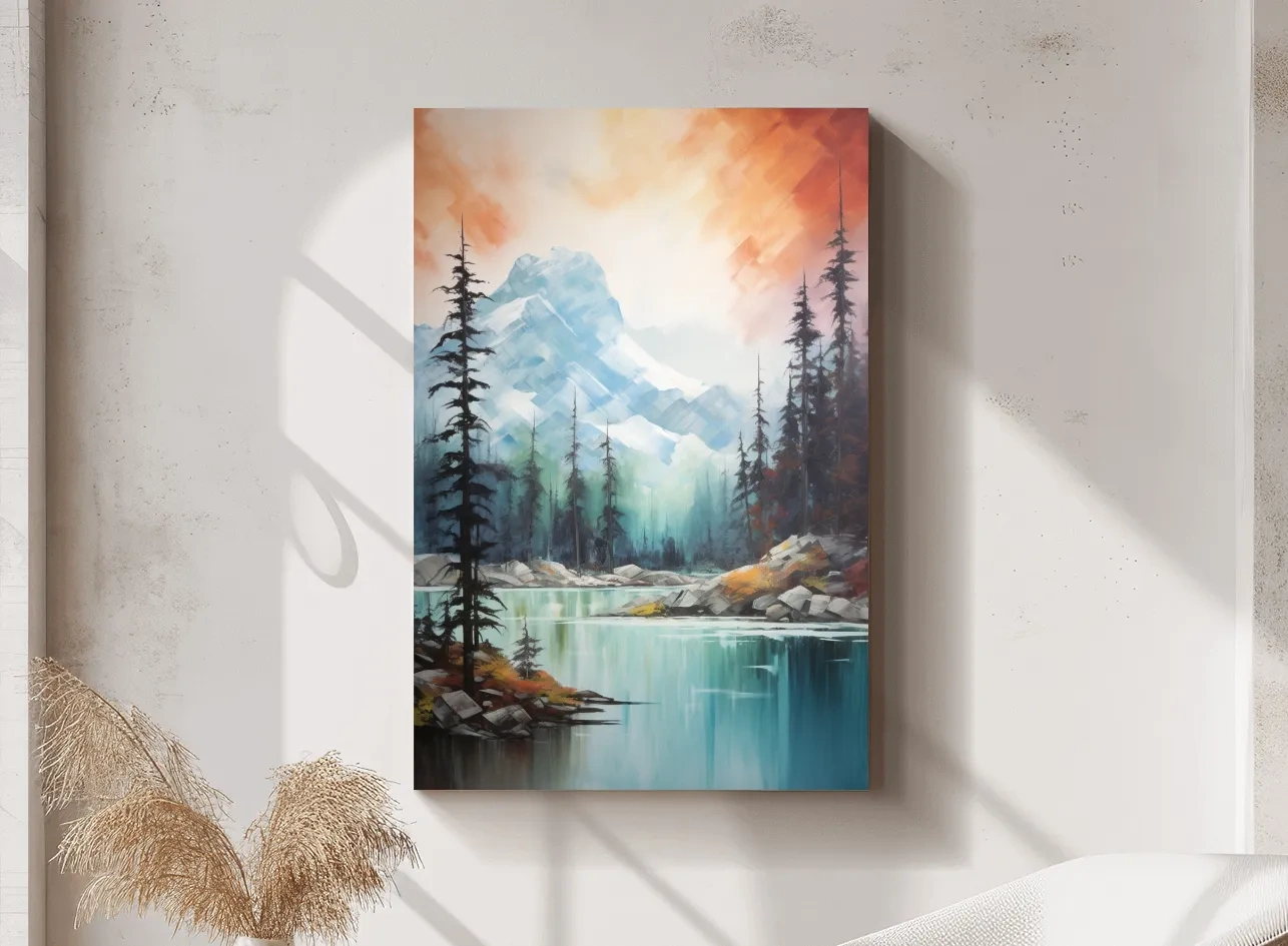 Turquoise Alpine Lake & Pine Forest Sunset Watercolor - Serene Mountain Landscape Wall Art