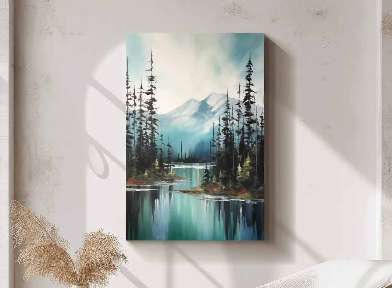 Alpine Turquoise Lake Watercolor Landscape - Serene Pine Forest Nature Wall Art