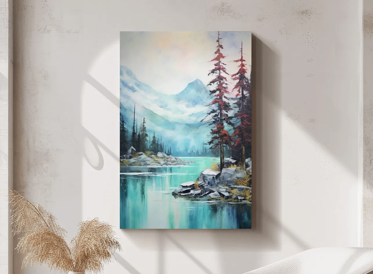 Misty Turquoise Alpine Lake Watercolor - Serene Mountain Landscape Wall Art
