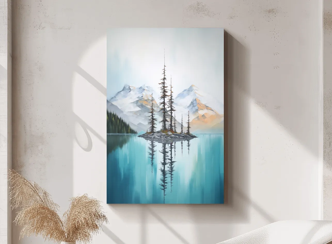 Turquoise Alpine Lake Island Pines - Serene Mountain Landscape Wall Art