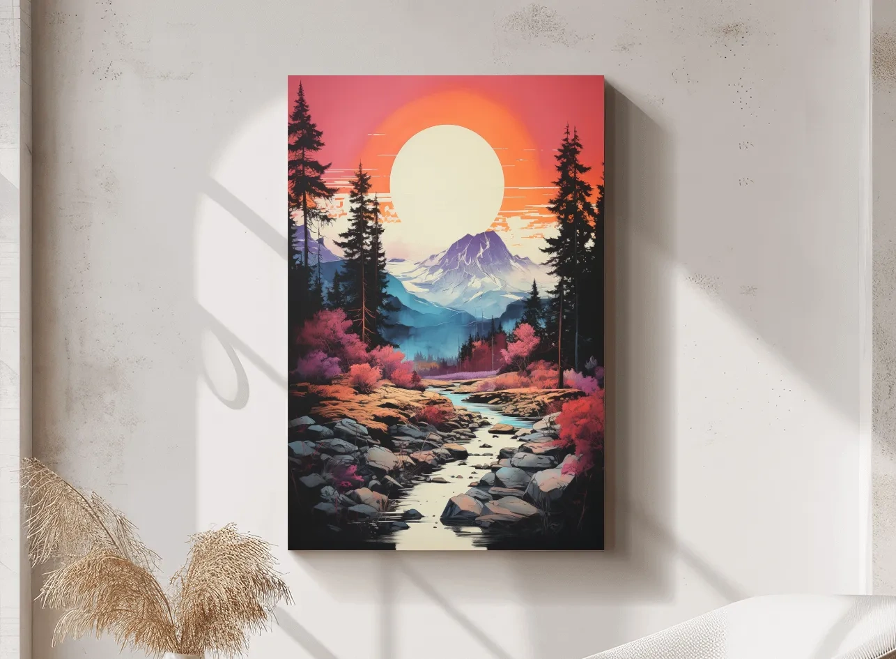 Colorful alpine scene at sunset, illustration